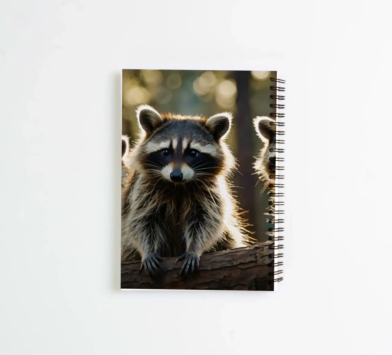 Three raccoons resting on a tree branch in a forest spiral notebook by DesignDoodle