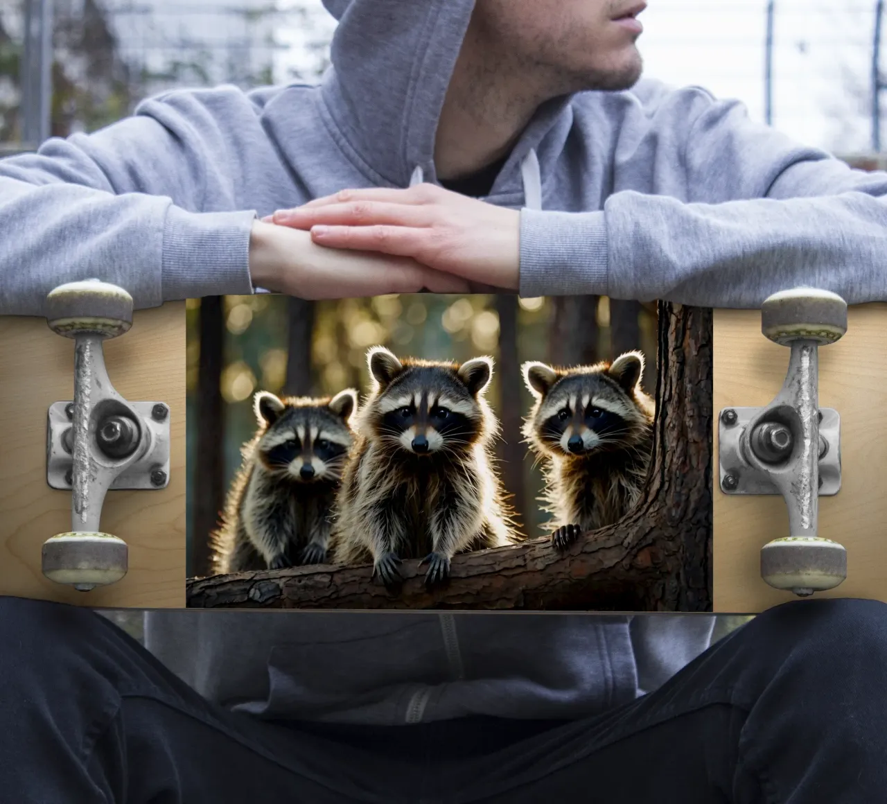 Three raccoons resting on a tree branch in a forest sticker by DesignDoodle