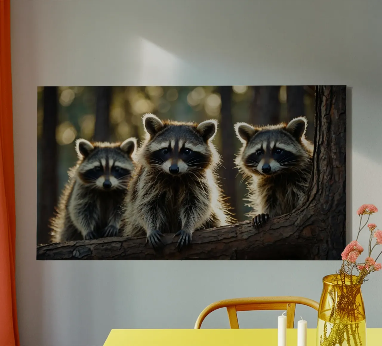 Three raccoons resting on a tree branch in a forest canvas by DesignDoodle