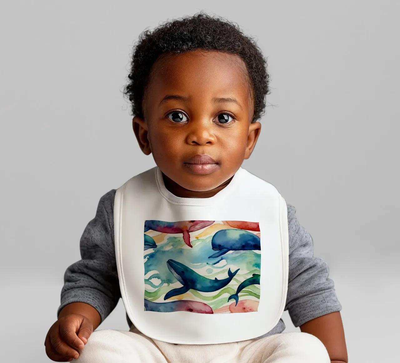 Illustrazione colorata ad acquerello con diverse balene bavaglino da DesignDoodle