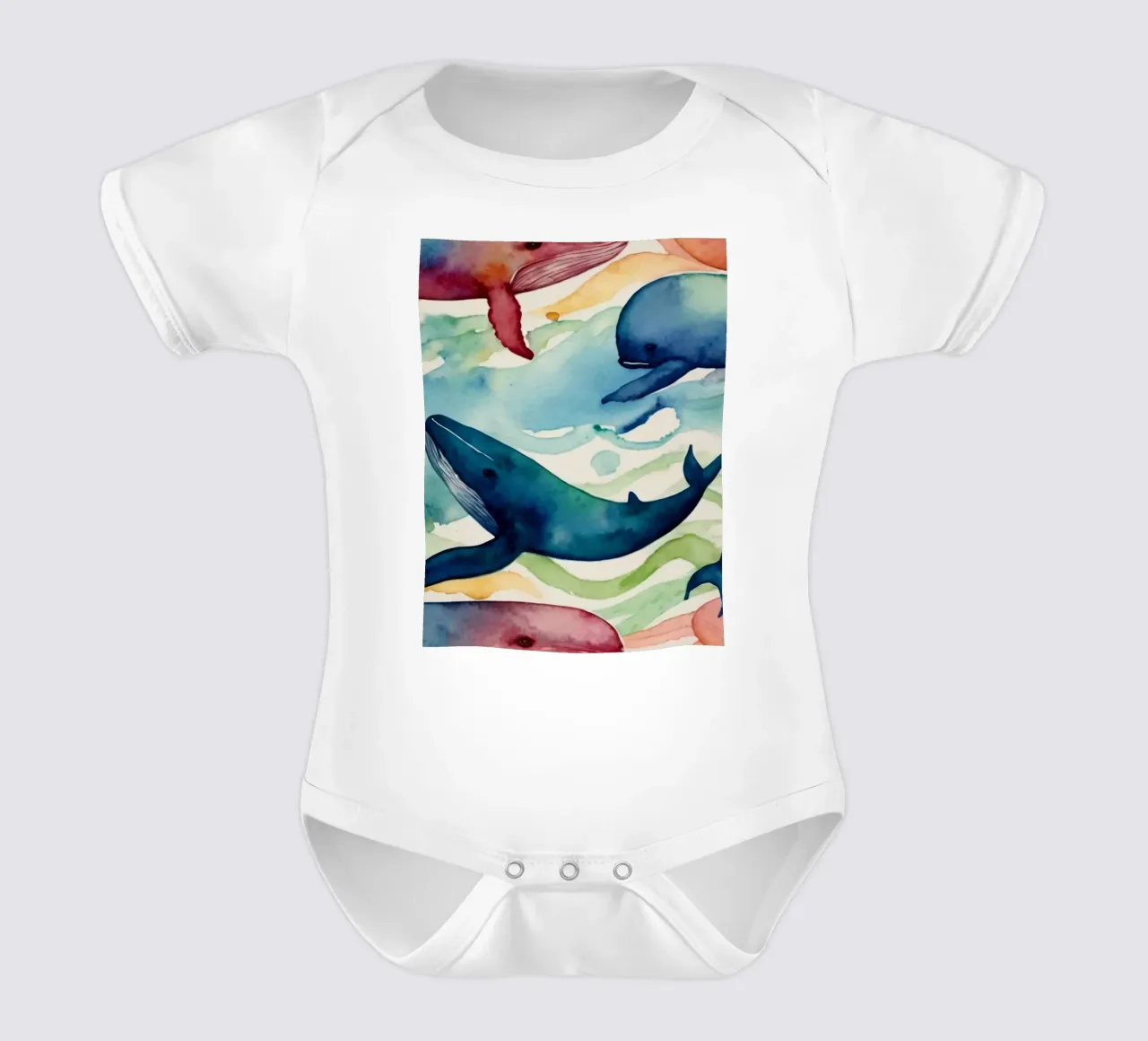 Illustrazione colorata ad acquerello con diverse balene body neonato maniche corte da DesignDoodle