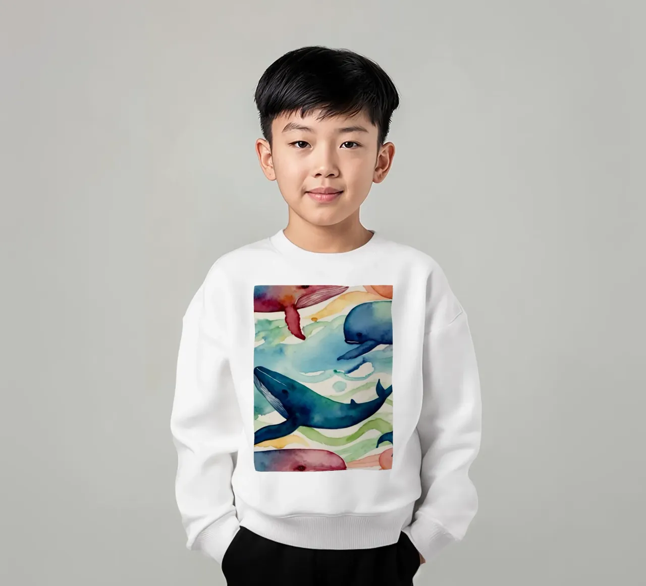 Illustrazione colorata ad acquerello con diverse balene felpa bambino da DesignDoodle