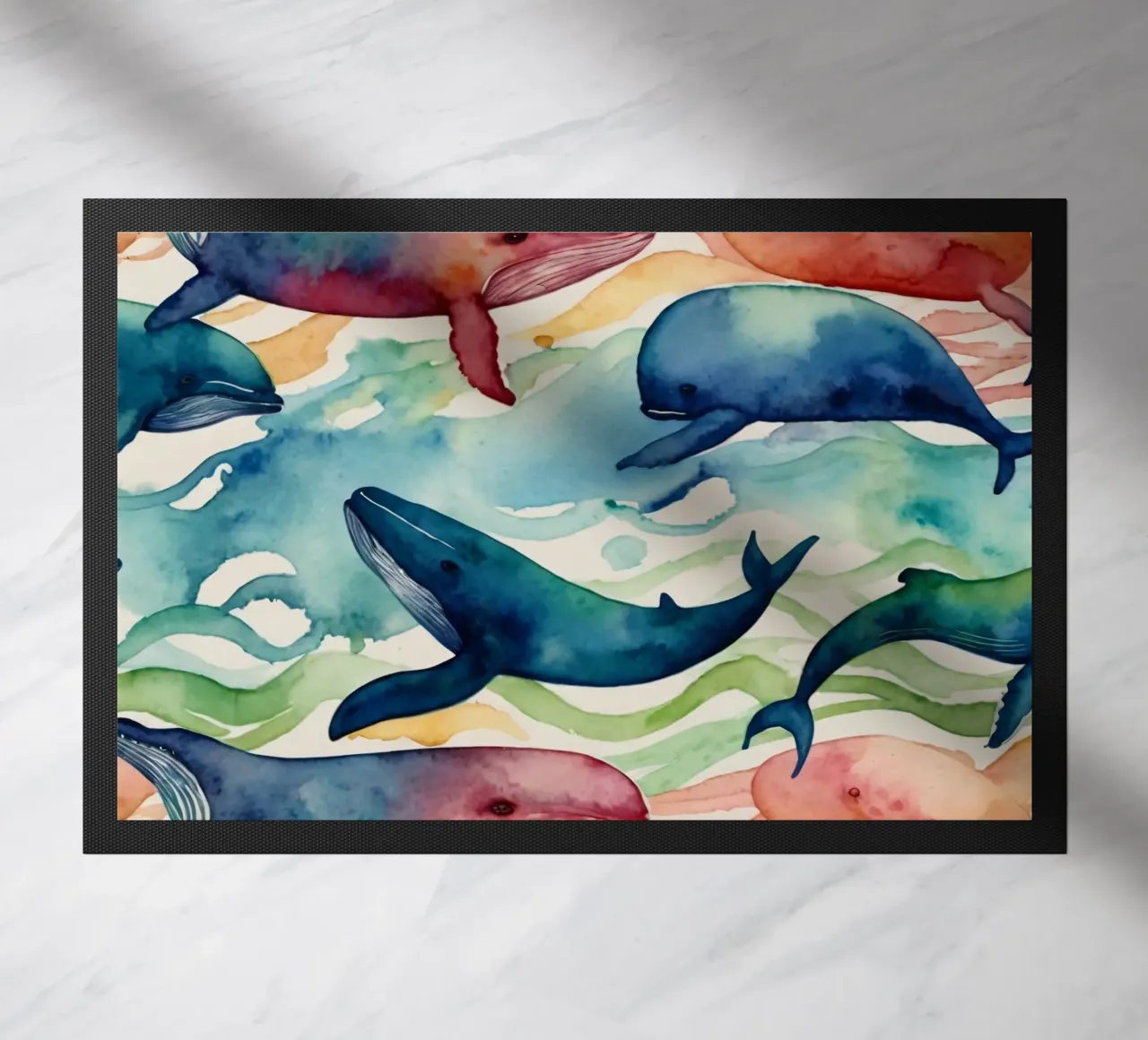 Illustrazione colorata ad acquerello con diverse balene zerbino da DesignDoodle