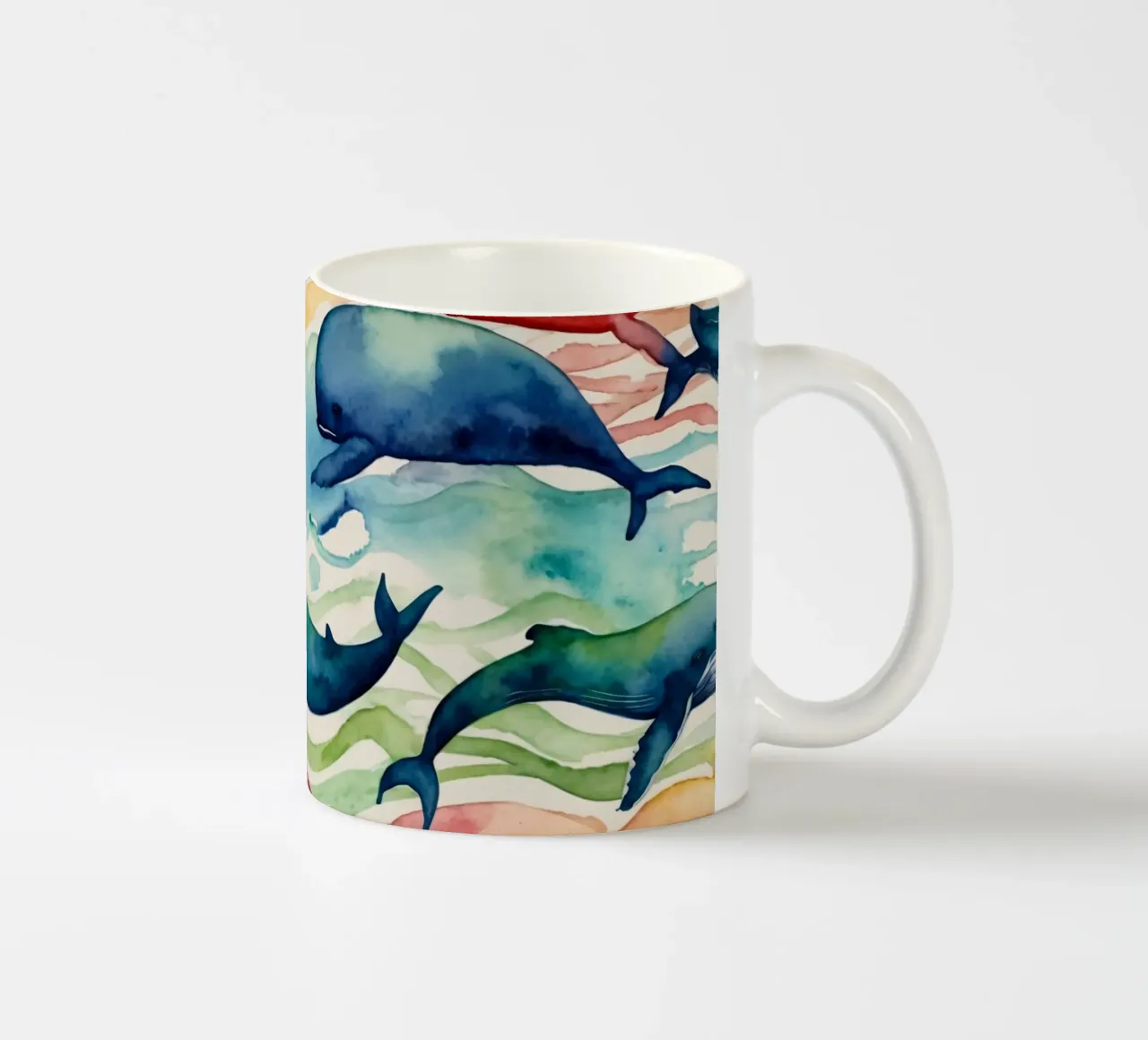 Illustrazione colorata ad acquerello con diverse balene tazza in ceramica da DesignDoodle