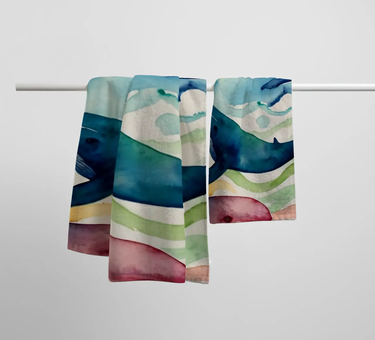 Illustrazione colorata ad acquerello con diverse balene asciugamano da bagno da DesignDoodle
