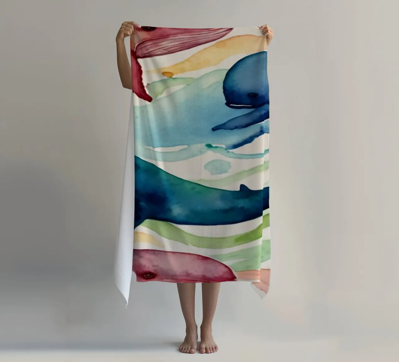 Illustrazione colorata ad acquerello con diverse balene telo mare da DesignDoodle