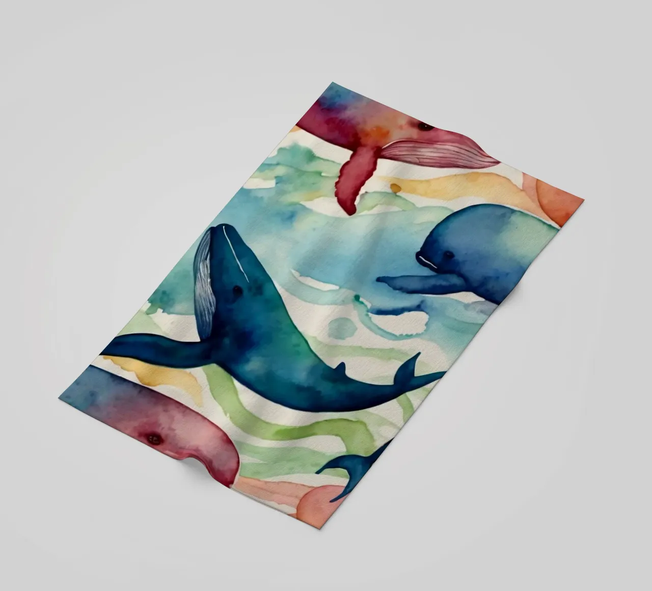Illustrazione colorata ad acquerello con diverse balene telo mare da DesignDoodle