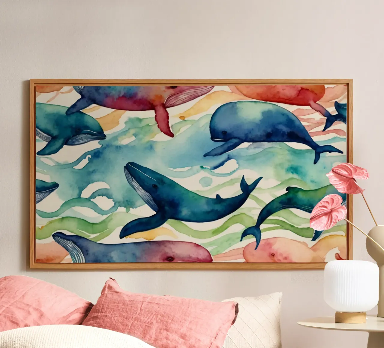 Illustrazione colorata ad acquerello con diverse balene alluminio dibond da DesignDoodle