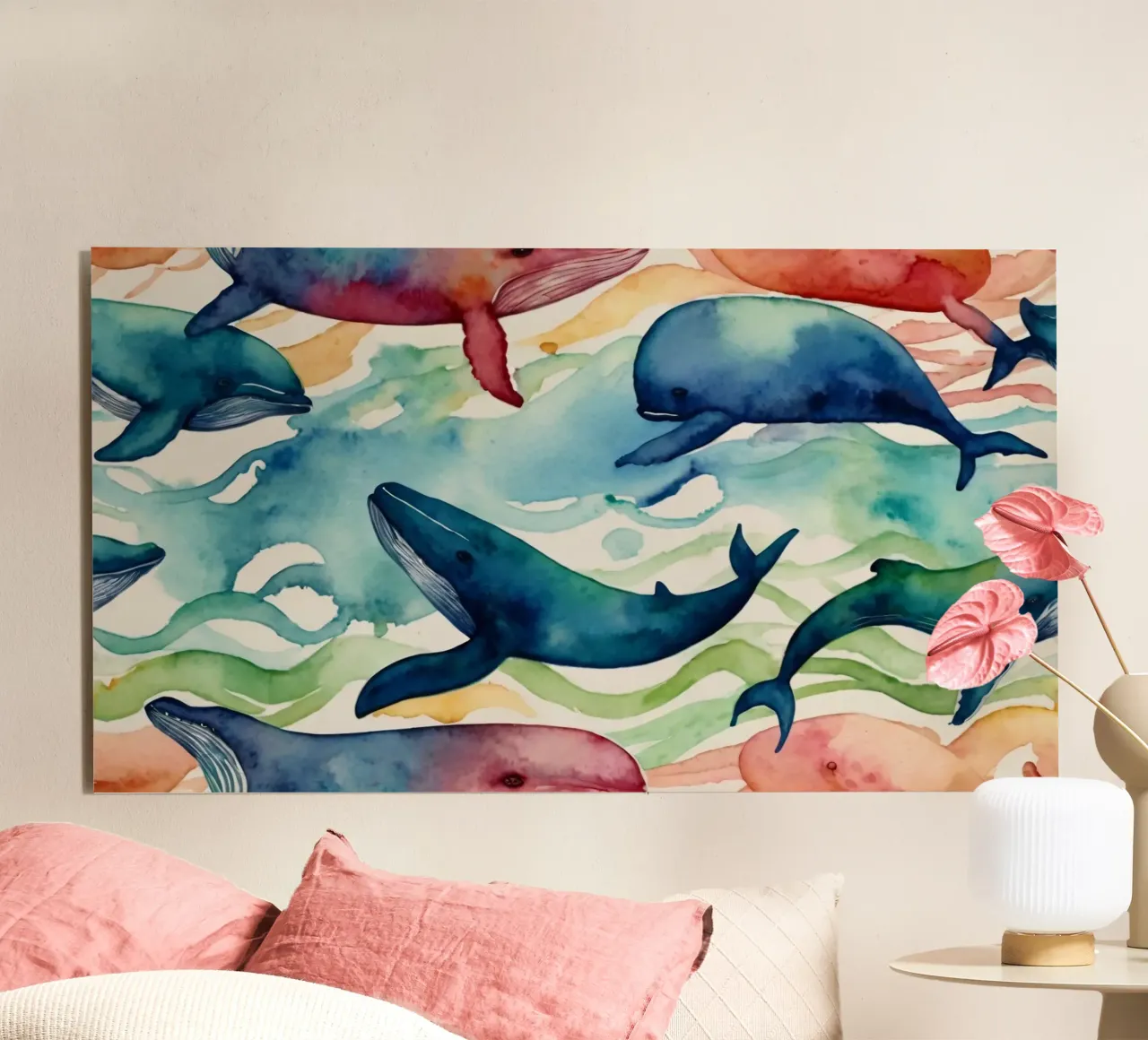 Illustrazione colorata ad acquerello con diverse balene alluminio dibond da DesignDoodle