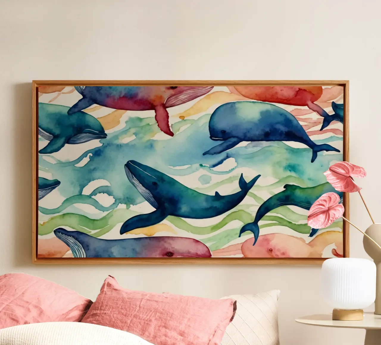 Illustrazione colorata ad acquerello con diverse balene tela con Cornice a cassetta da DesignDoodle