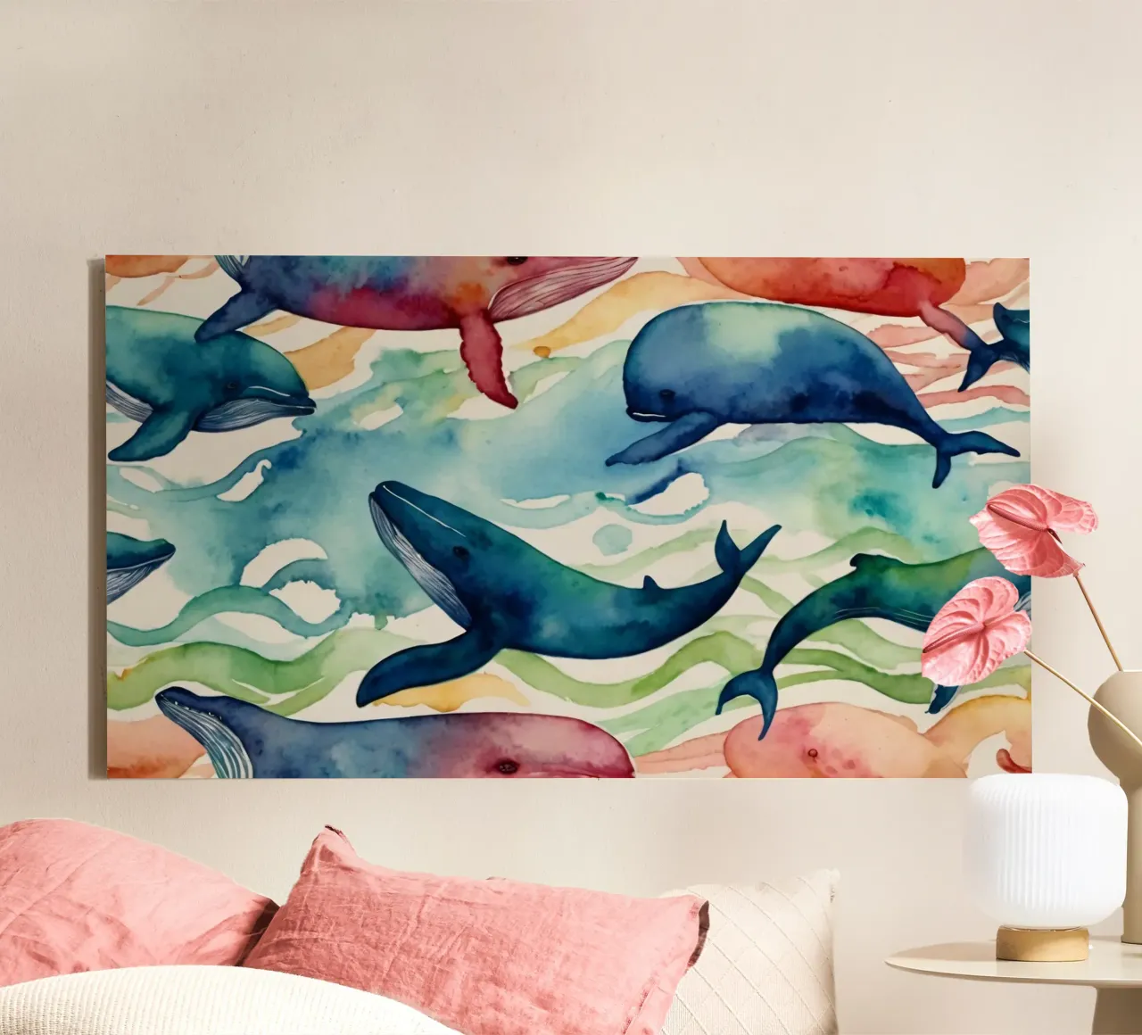 Illustrazione colorata ad acquerello con diverse balene tela con Cornice a cassetta da DesignDoodle