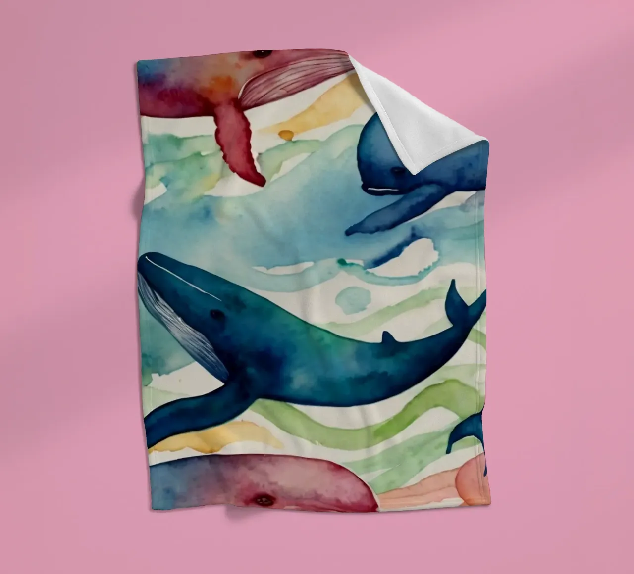 Illustrazione colorata ad acquerello con diverse balene coperta in pile da DesignDoodle