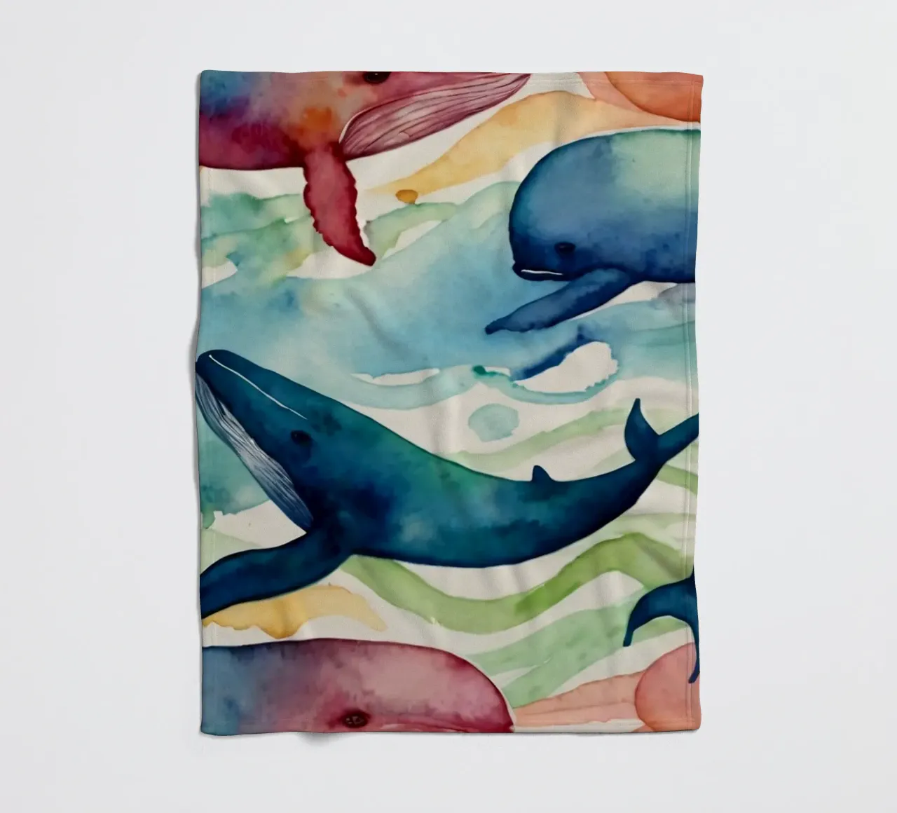 Illustrazione colorata ad acquerello con diverse balene coperta in pile da DesignDoodle
