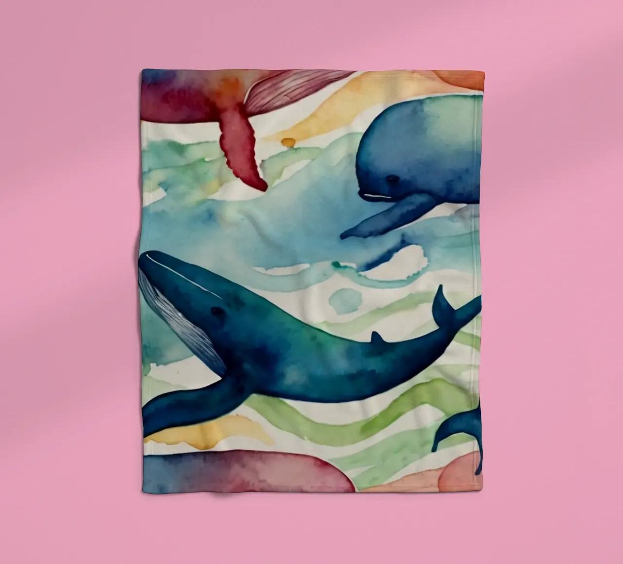 Illustrazione colorata ad acquerello con diverse balene coperta in pile da DesignDoodle