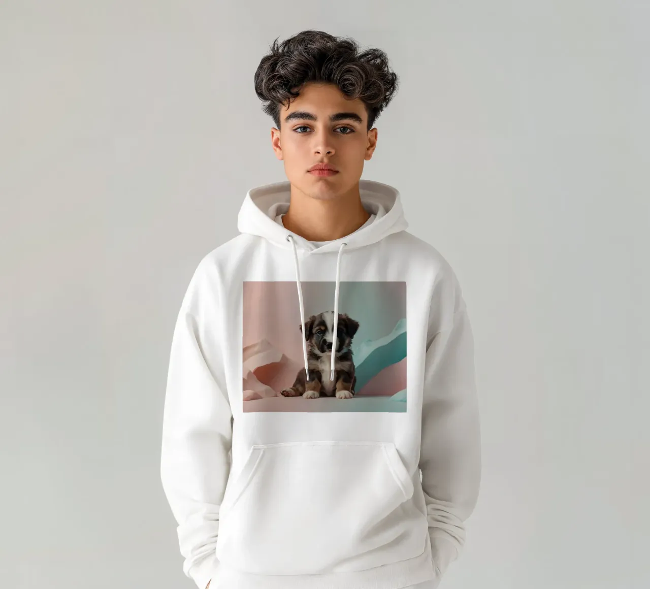 Simpatico cucciolo seduto tra rocce color pastello felpa con cappuccio da DesignDoodle