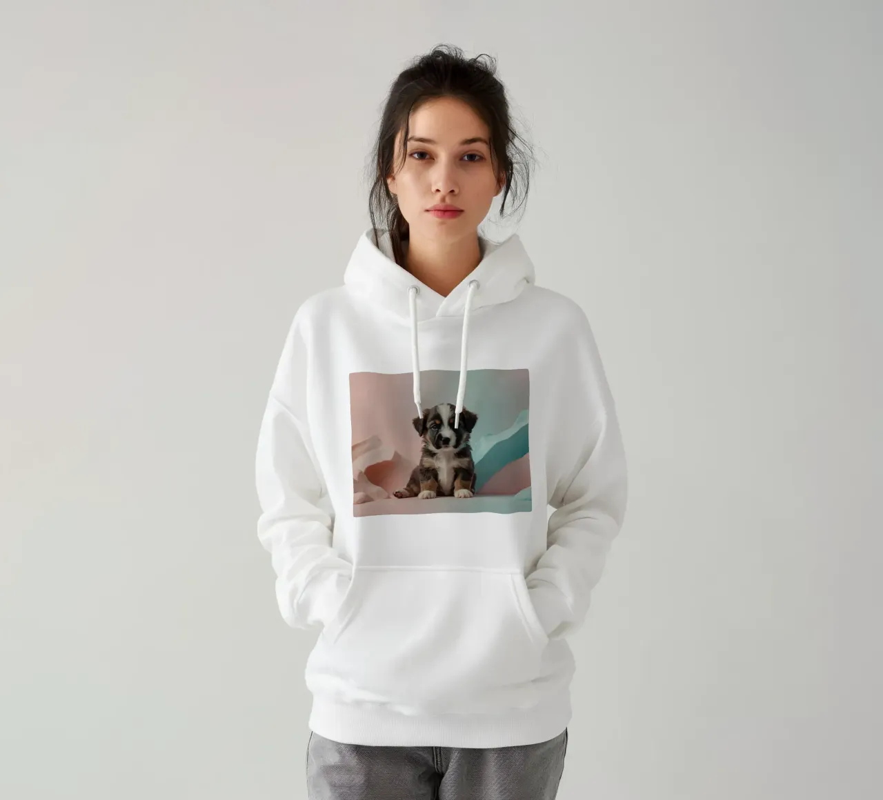 Simpatico cucciolo seduto tra rocce color pastello felpa con cappuccio da DesignDoodle