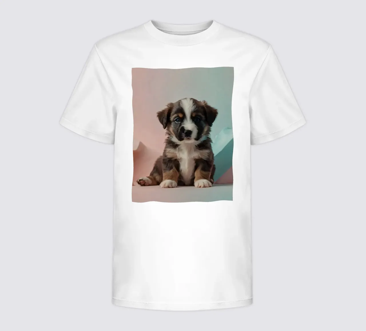 Cute puppy sitting between pastel-colored rocks kids t-shirt by DesignDoodle