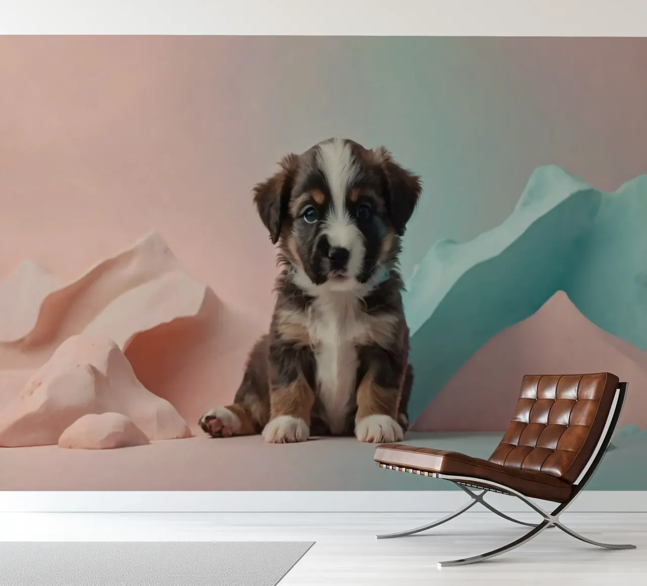 Cute puppy sitting between pastel-colored rocks photo wallpaper by DesignDoodle