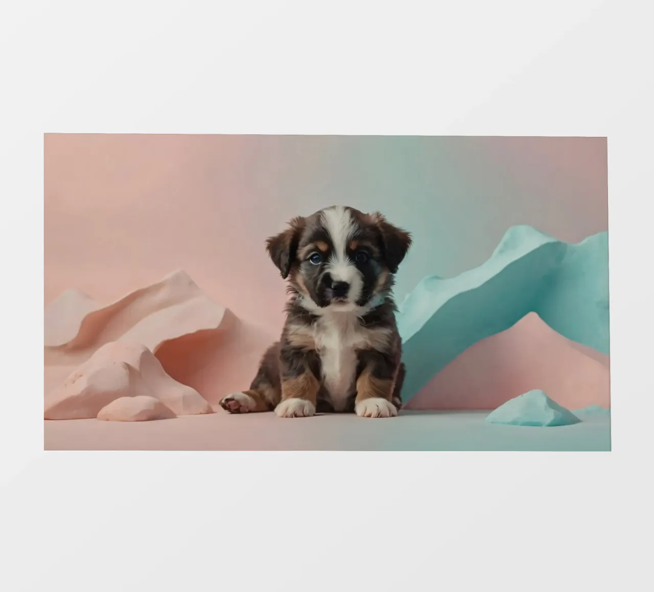 Cute puppy sitting between pastel-colored rocks photo wallpaper by DesignDoodle