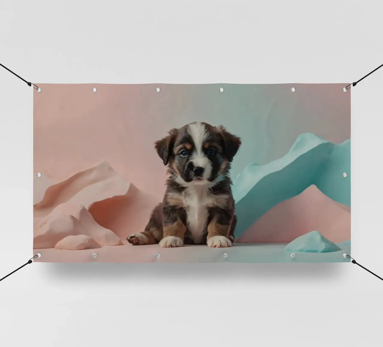 Simpatico cucciolo seduto tra rocce color pastello telo in pvc da DesignDoodle