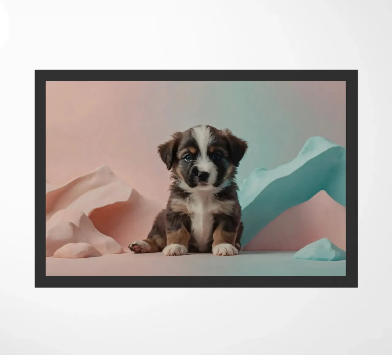 Simpatico cucciolo seduto tra rocce color pastello zerbino da DesignDoodle