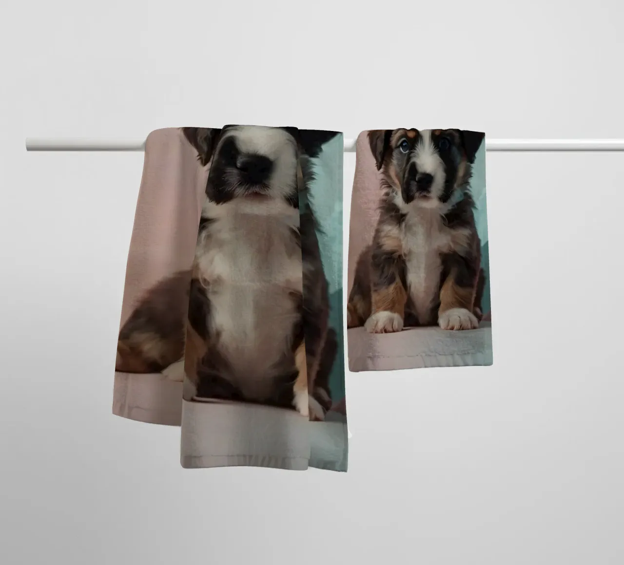 Cute puppy sitting between pastel-colored rocks towel by DesignDoodle