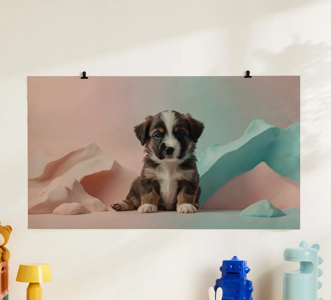 Cute puppy sitting between pastel-colored rocks hahnemühle by DesignDoodle