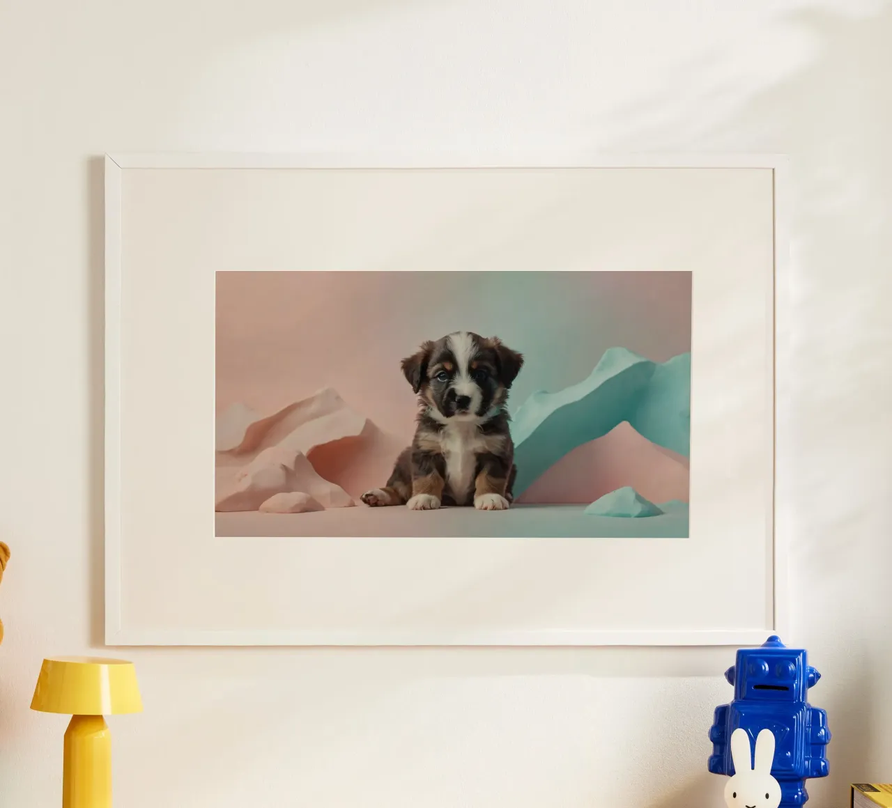 Cute puppy sitting between pastel-colored rocks hahnemühle by DesignDoodle