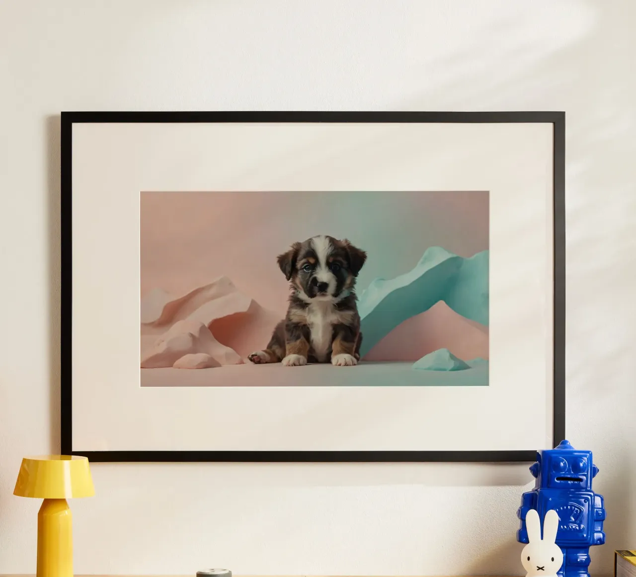 Cute puppy sitting between pastel-colored rocks hahnemühle by DesignDoodle