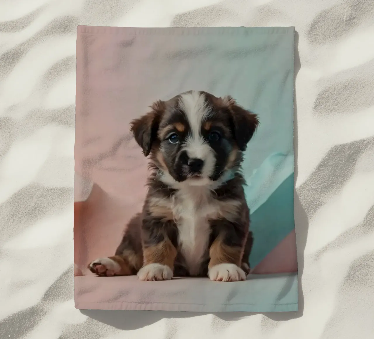 Cute puppy sitting between pastel-colored rocks beach towel by DesignDoodle