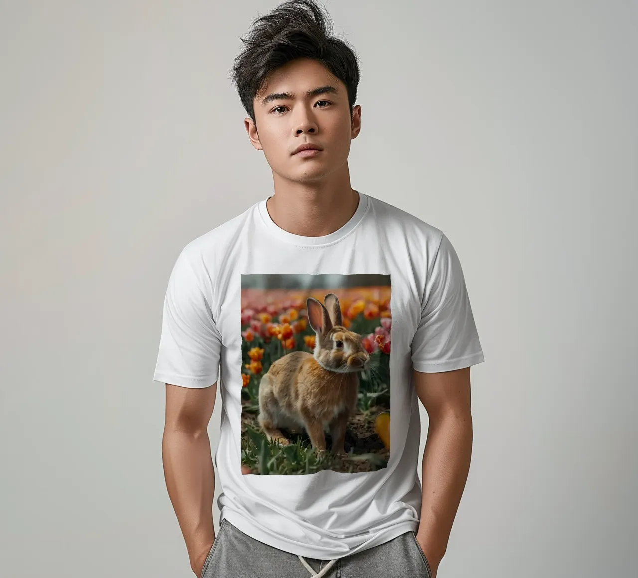 Coniglio marrone seduto tra colorati fiori di tulipano t-shirt da DesignDoodle