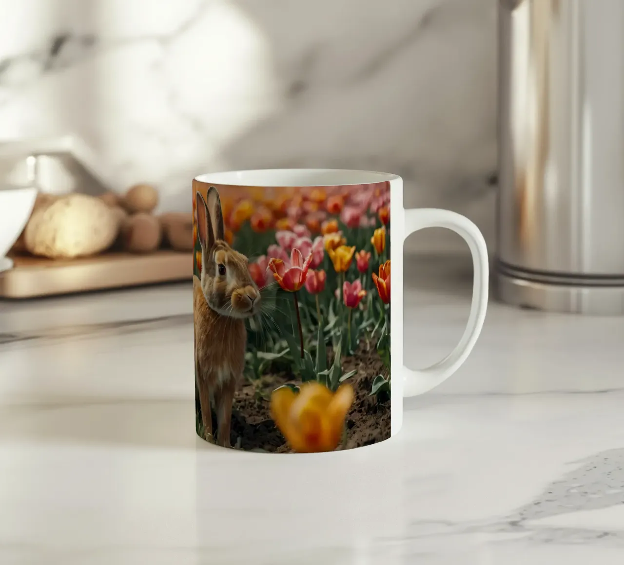 Coniglio marrone seduto tra colorati fiori di tulipano tazza in ceramica da DesignDoodle