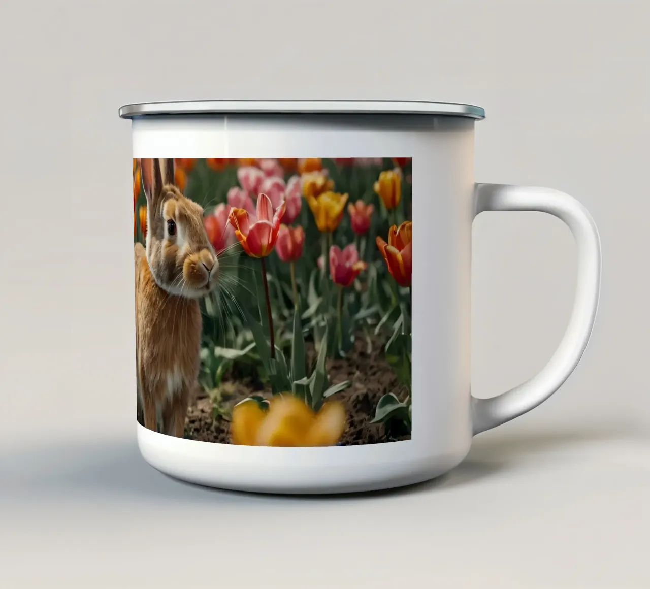 Coniglio marrone seduto tra colorati fiori di tulipano tazza in smalto da DesignDoodle