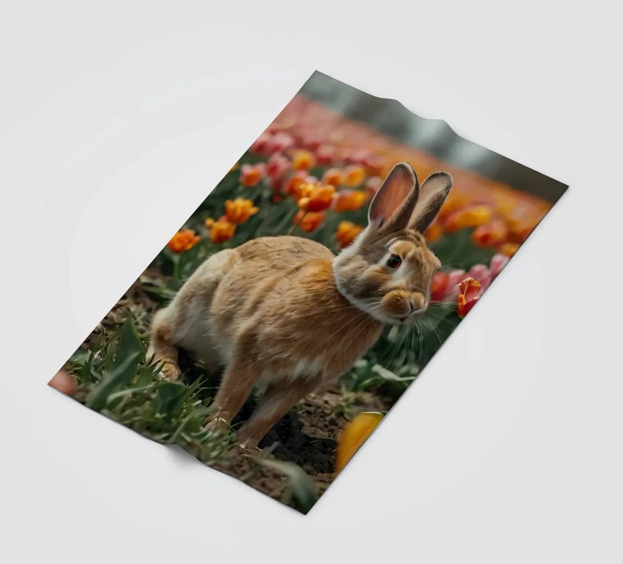 Coniglio marrone seduto tra colorati fiori di tulipano coperta in pile da DesignDoodle