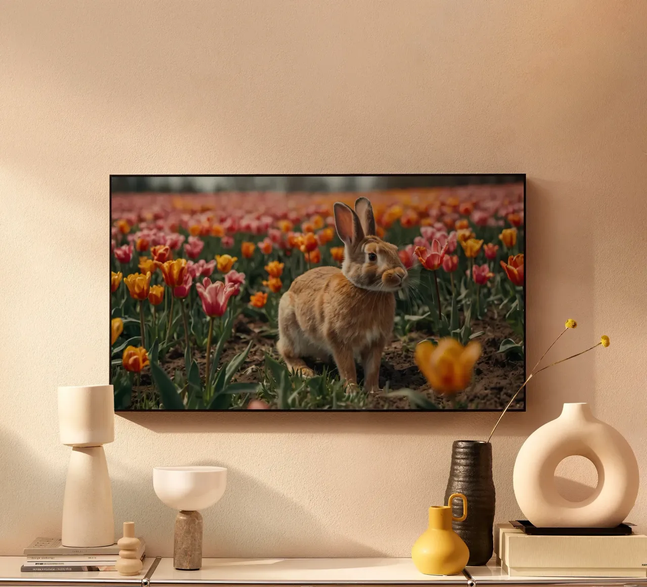 Coniglio marrone seduto tra colorati fiori di tulipano alluminio dibond da DesignDoodle