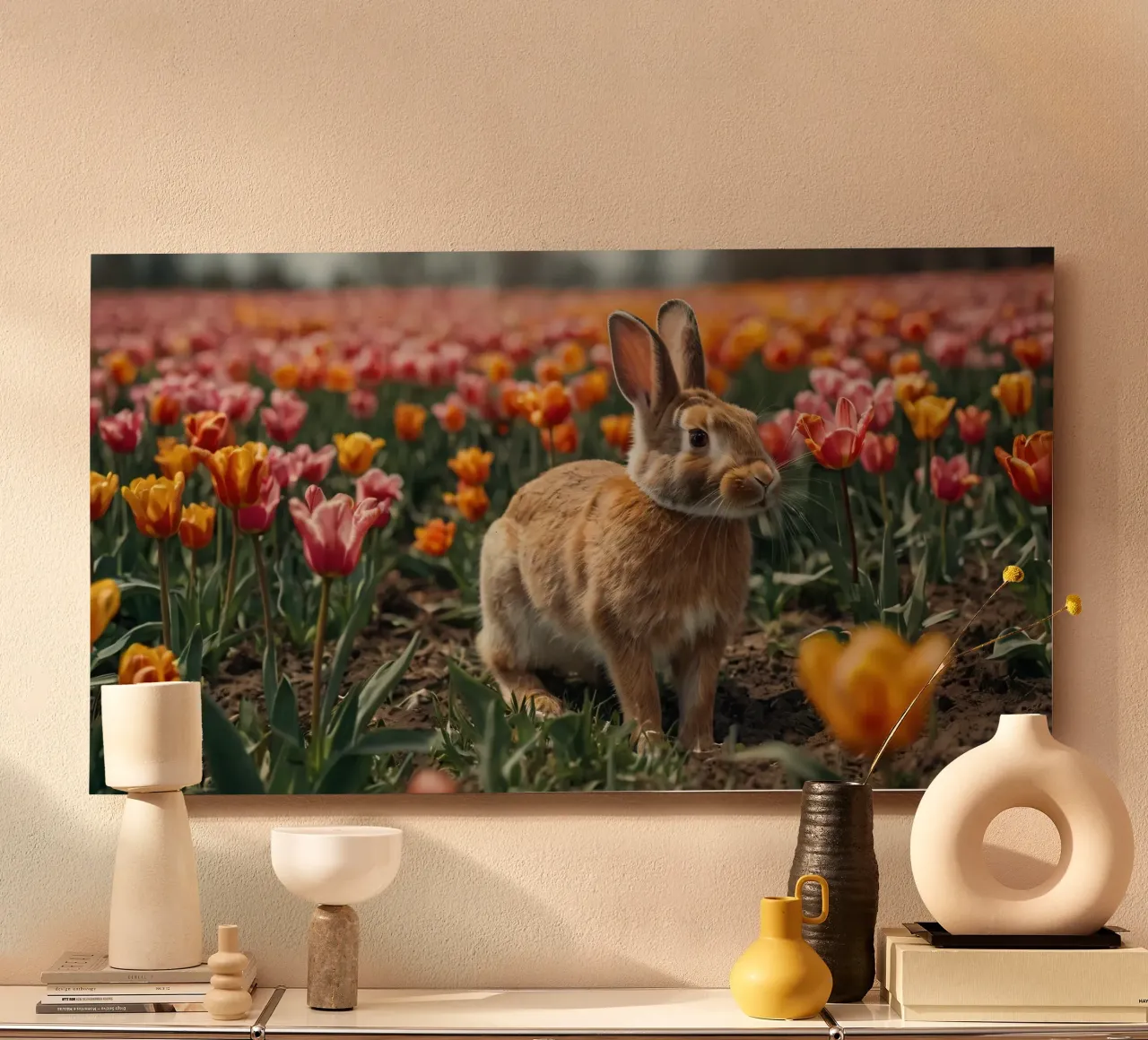 Coniglio marrone seduto tra colorati fiori di tulipano alluminio dibond da DesignDoodle