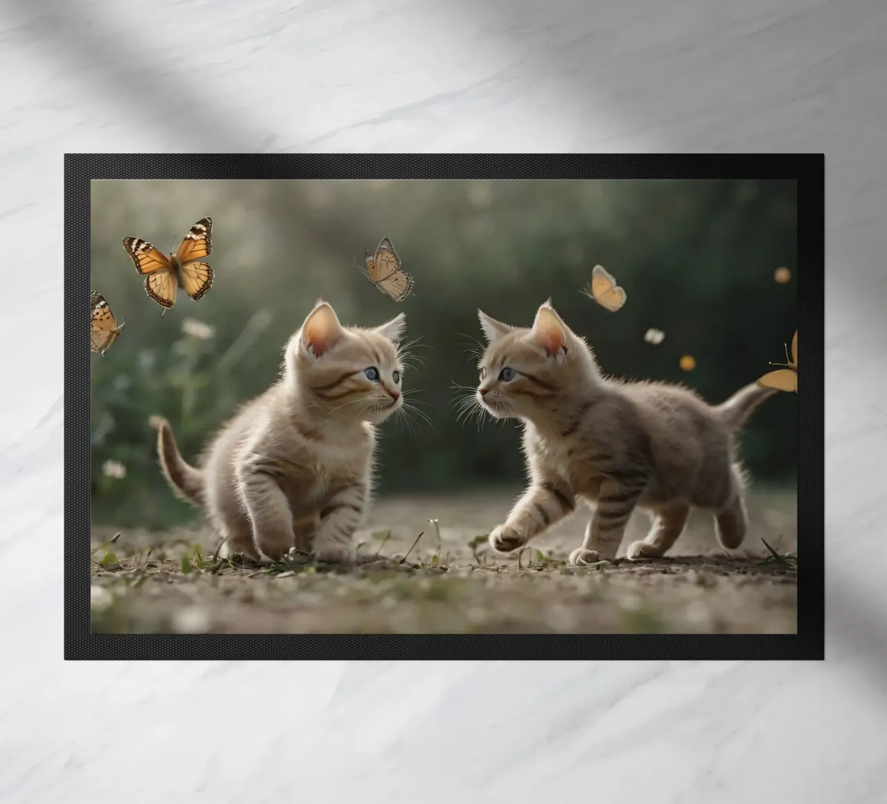 Two playful kittens chase butterflies in a sunlit garden doormat by DesignDoodle