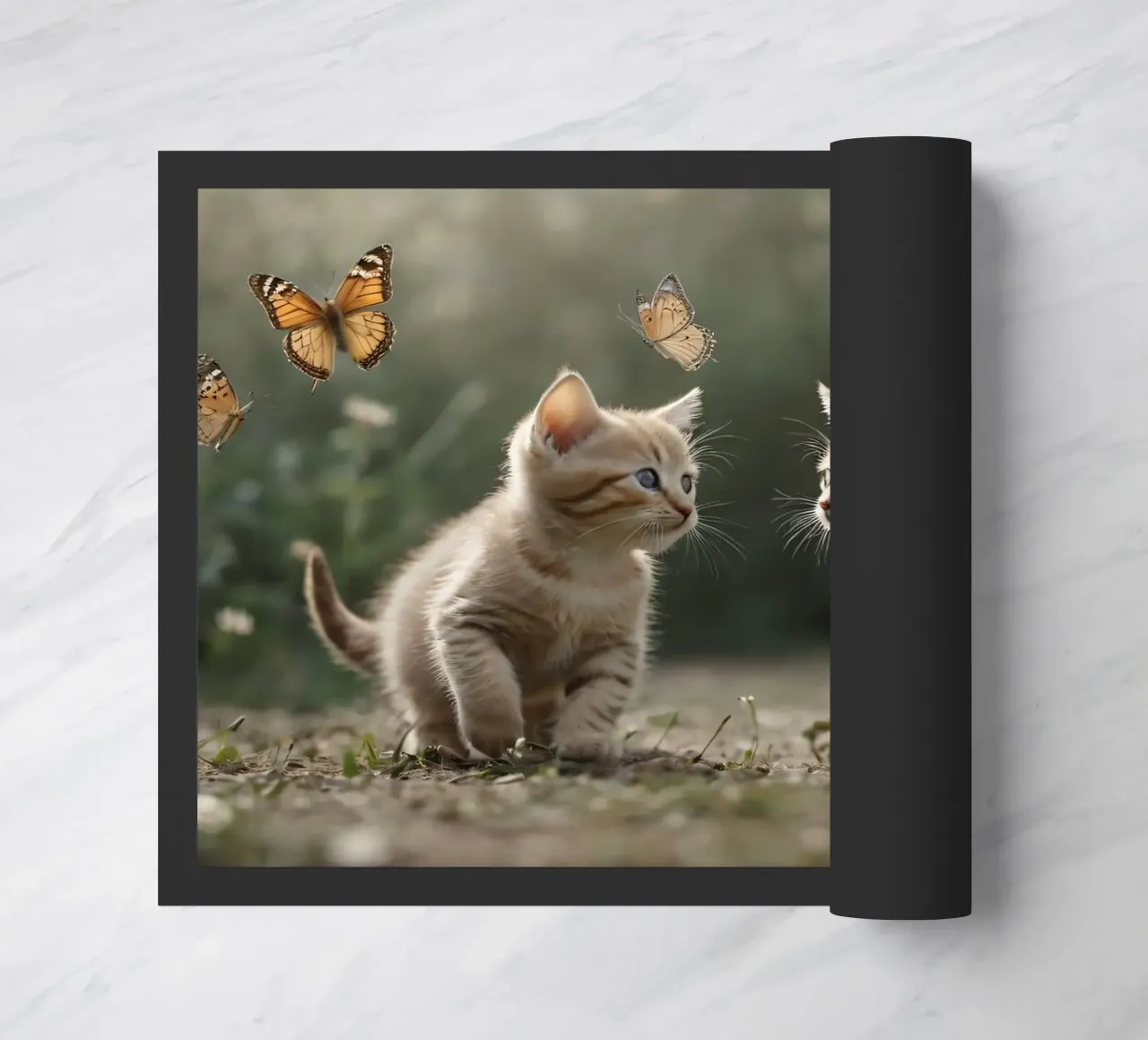 Two playful kittens chase butterflies in a sunlit garden doormat by DesignDoodle