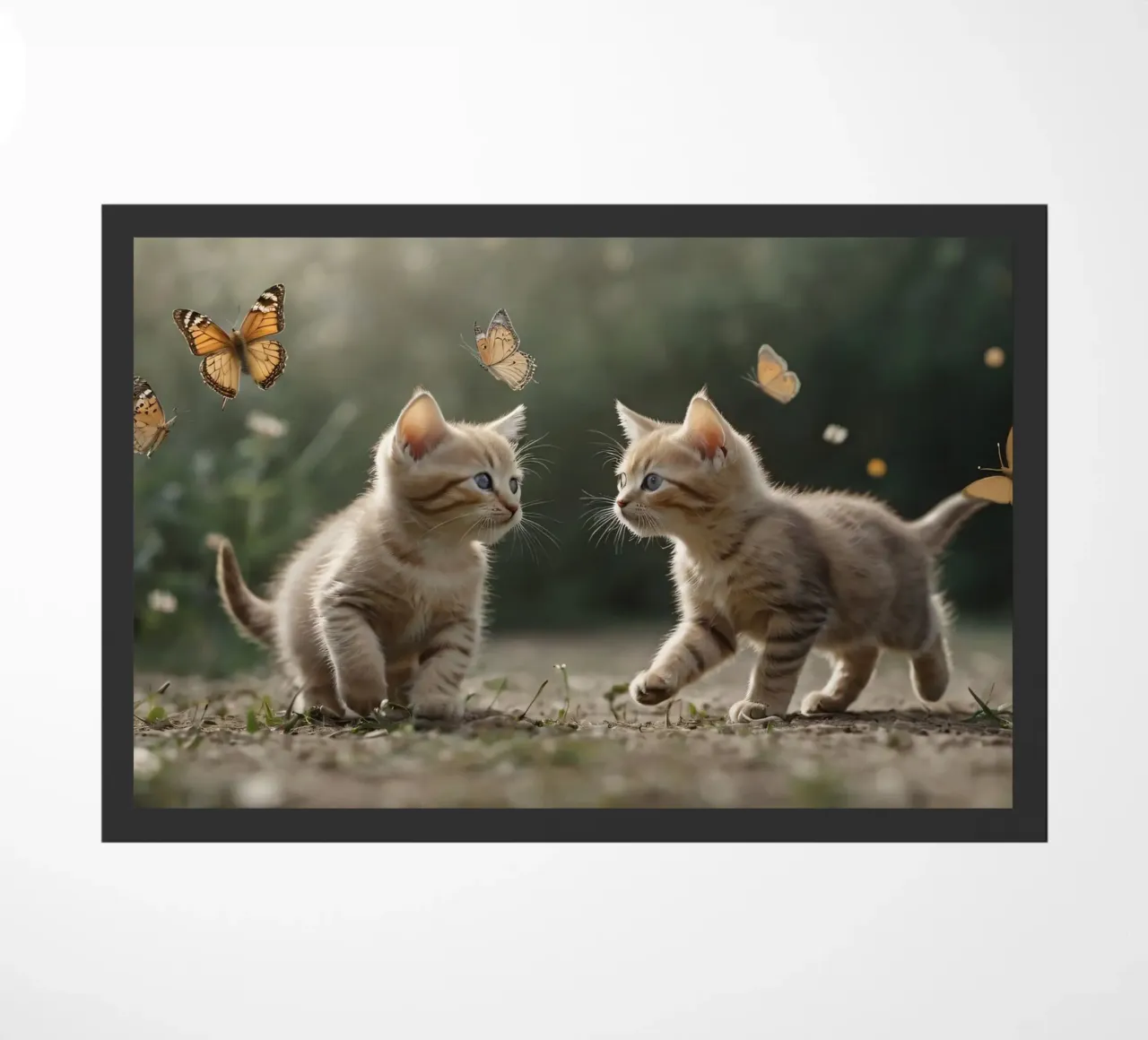 Two playful kittens chase butterflies in a sunlit garden doormat by DesignDoodle
