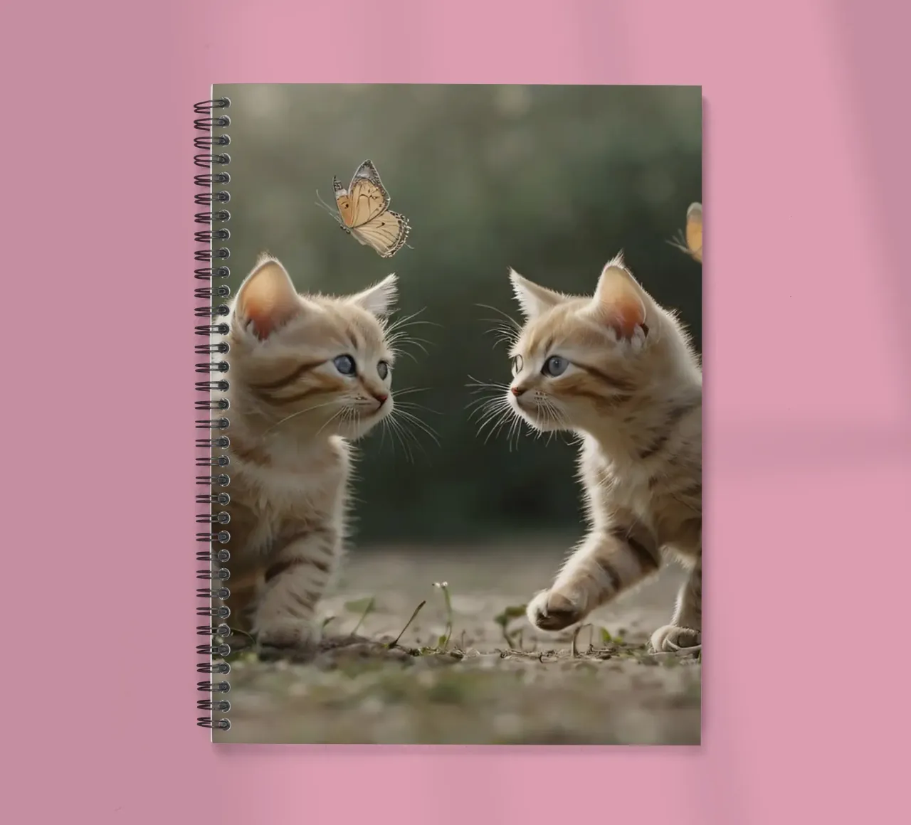 Two playful kittens chase butterflies in a sunlit garden spiral notebook by DesignDoodle