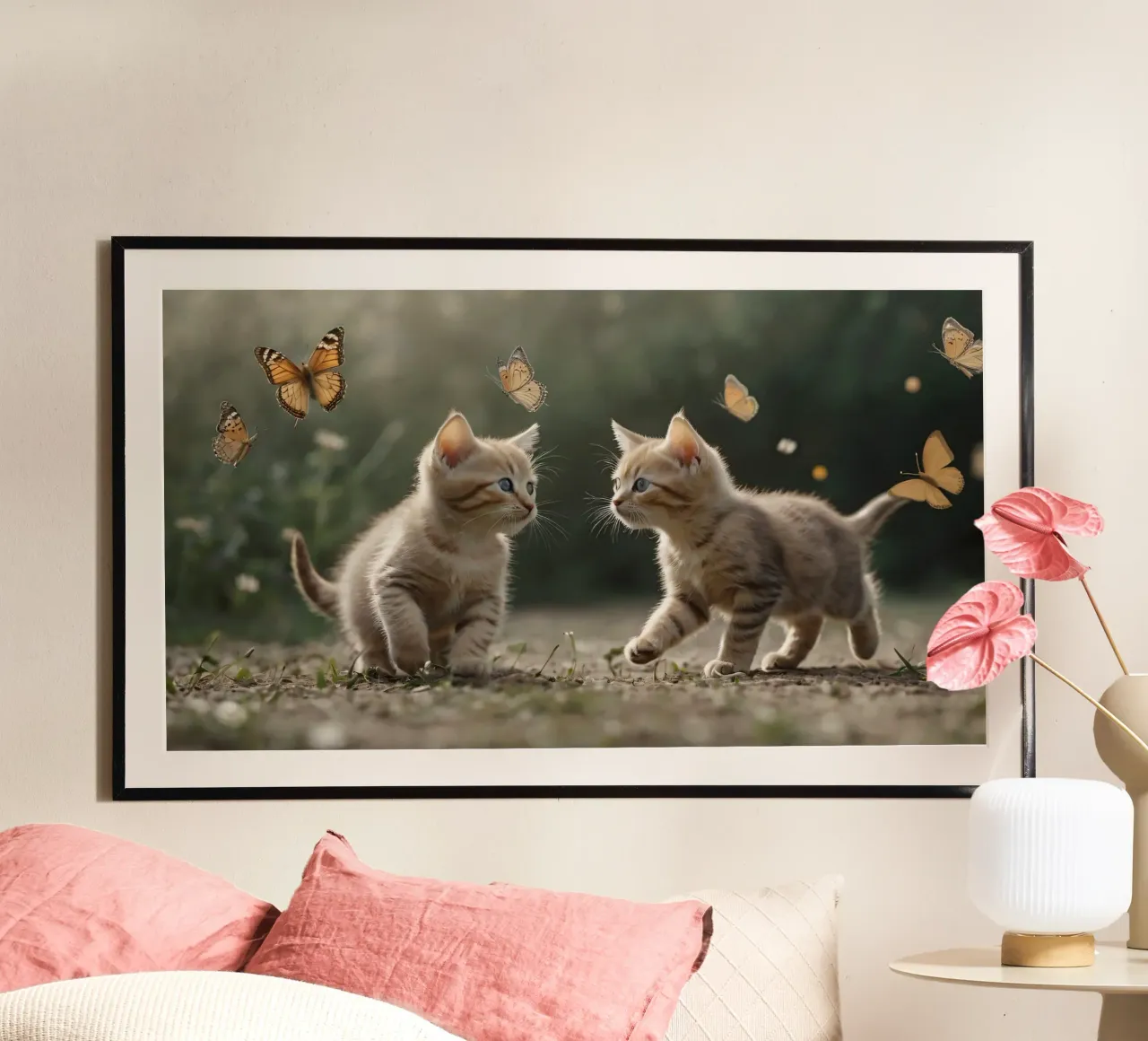 Two playful kittens chase butterflies in a sunlit garden hahnemühle by DesignDoodle