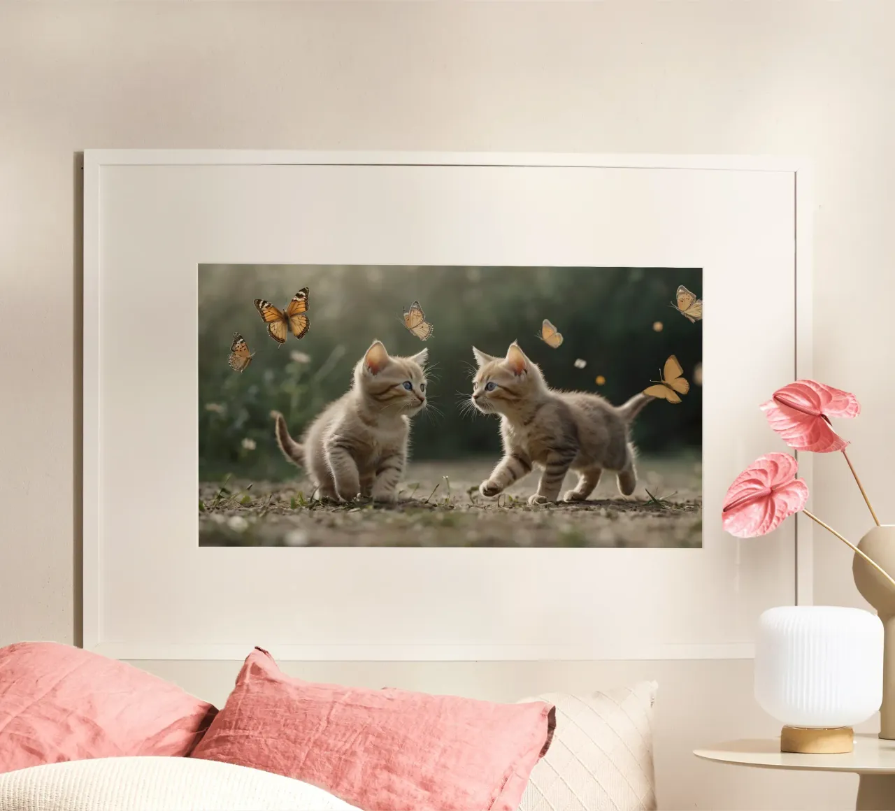 Two playful kittens chase butterflies in a sunlit garden hahnemühle by DesignDoodle