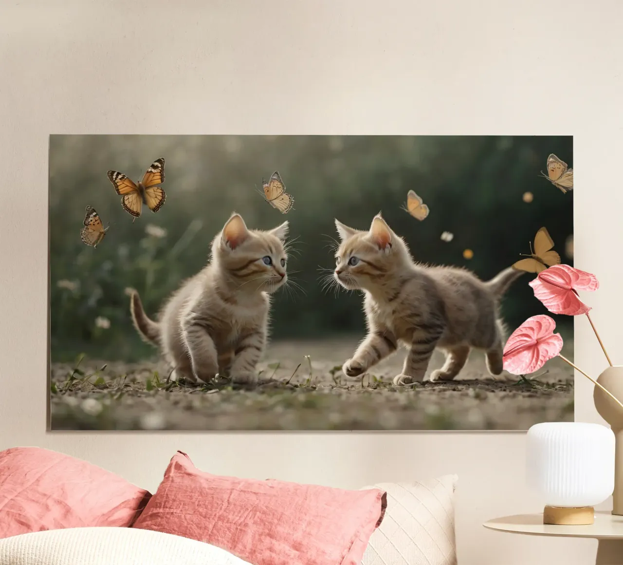 Two playful kittens chase butterflies in a sunlit garden hahnemühle by DesignDoodle