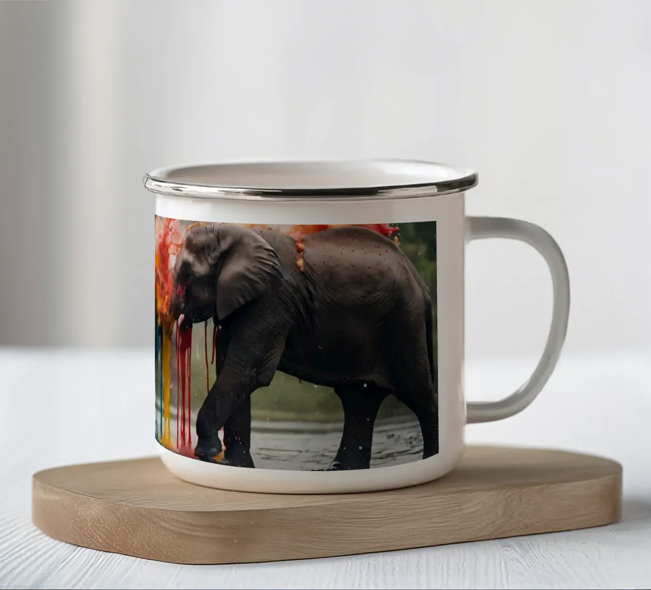 Elefanti colorati che sguazzano nell'acqua tazza in smalto da DesignDoodle