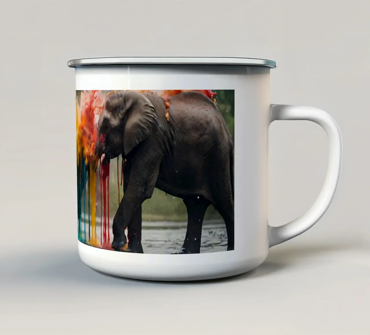 Elefanti colorati che sguazzano nell'acqua tazza in smalto da DesignDoodle