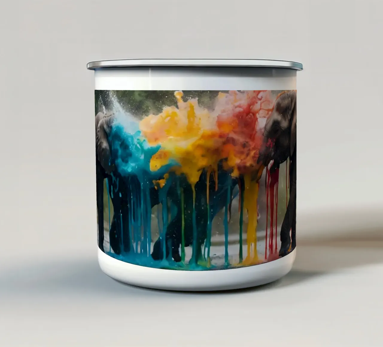 Elefanti colorati che sguazzano nell'acqua tazza in smalto da DesignDoodle
