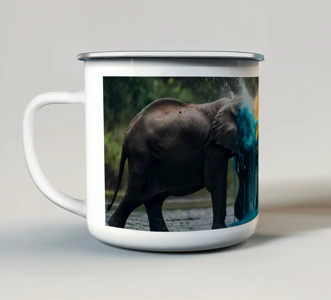 Elefanti colorati che sguazzano nell'acqua tazza in smalto da DesignDoodle