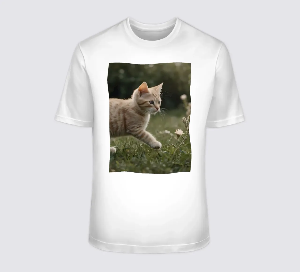 Gattino giocherellone che esplora un giardino fiorito in una giornata soleggiata t-shirt da DesignDoodle