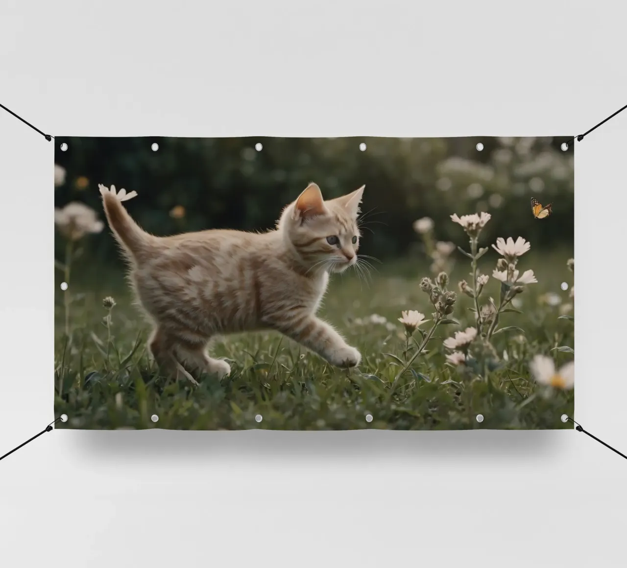 Gattino giocherellone che esplora un giardino fiorito in una giornata soleggiata telo in pvc da DesignDoodle