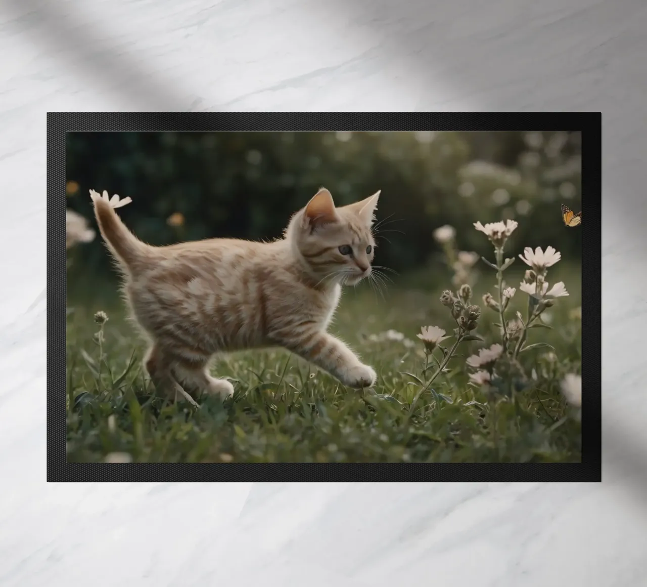 Gattino giocherellone che esplora un giardino fiorito in una giornata soleggiata zerbino da DesignDoodle